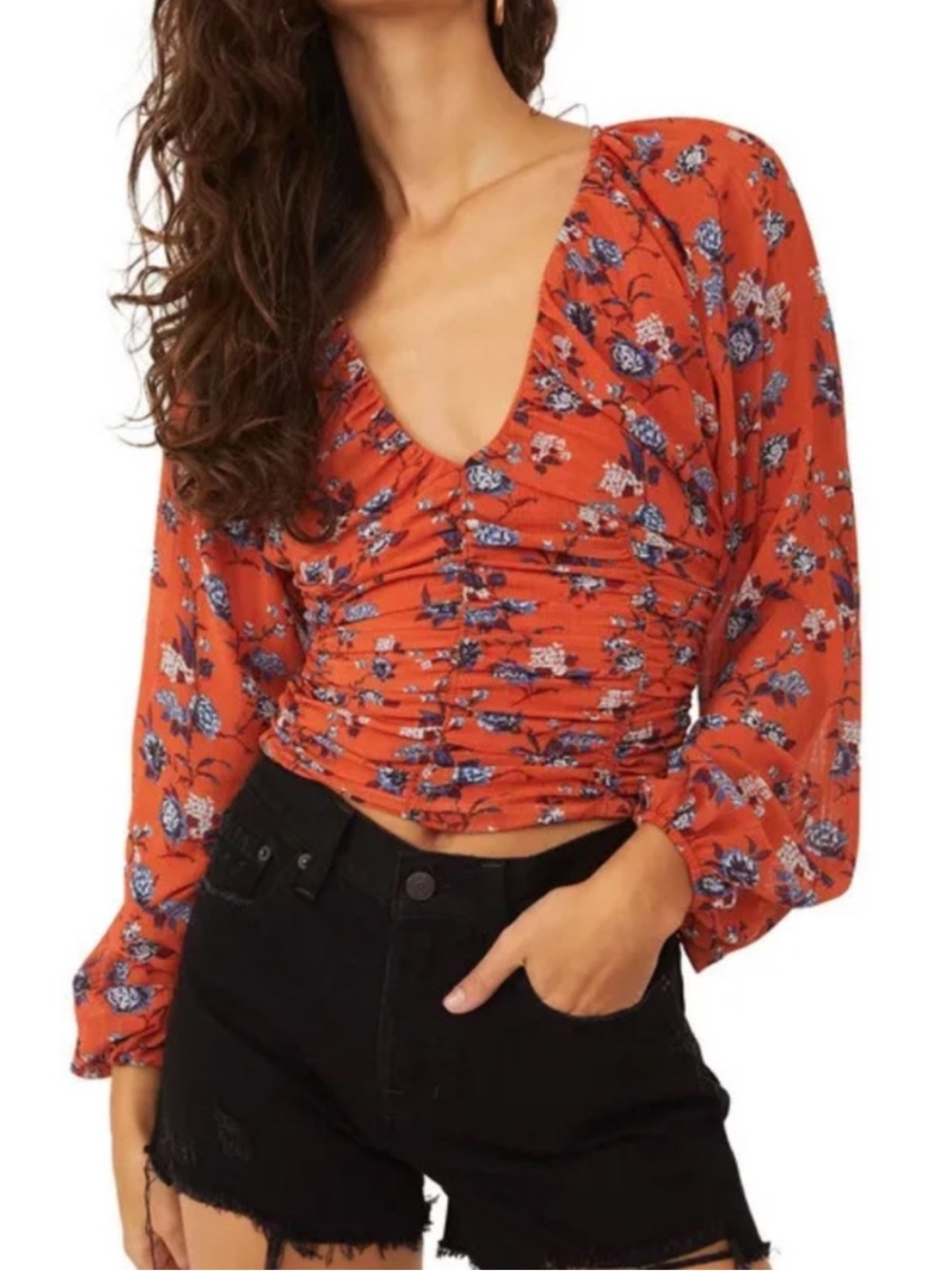 Free People New Final Rose Blouse Top Ruched Rust Orange Blue Floral Size XS
